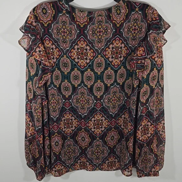 {LOFT} Womens Tapestry Ruffle Split Neck Blouse - Size XL - Picture 9 of 15